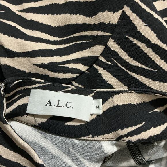 A.L.C. Zebra Animal Print Pleated Midi Dress Black Long Sleeve Size 14 - Picture 8 of 15